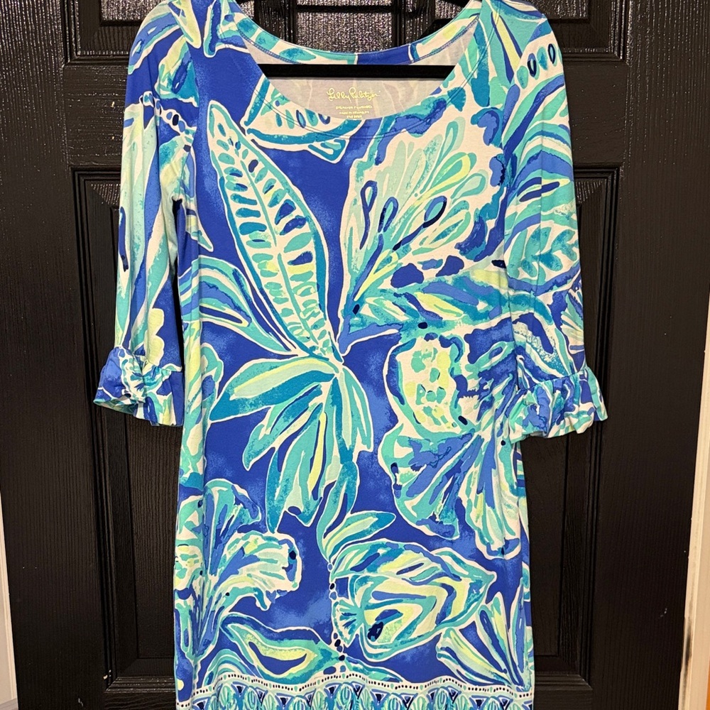 Lilly Pulitzer Blue and White Dress with Cuffed 3/4 Sleeves